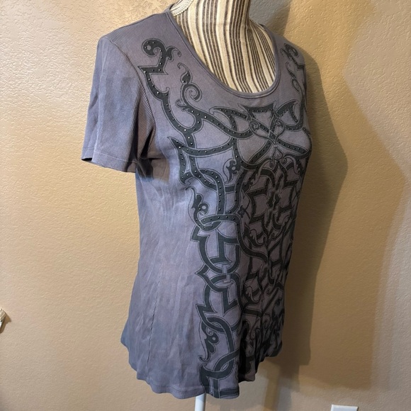 Skinny Minnie Top Large Charcoal Patterned Short-Sleeve Ribbed 100% Cotton Beads - Picture 5 of 14